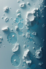 Abstract aerial view of terrain with cloud-like formations and water pools in minimalist blue and white.