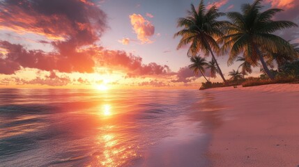 Tropical sunset beach, calm ocean, palm trees, vibrant sky, travel poster