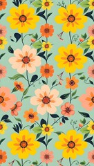 Obraz premium Vibrant floral design perfect for mobile wallpaper backgrounds with colorful blossoms on a light green backdrop