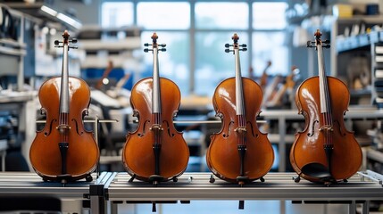 Fototapeta premium Four cellos on a shelf in a workshop.
