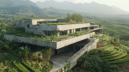 Conceptual Eco-Brutalism Rooftop Orchard and Farmland Fusion in Ultra-Detailed Architecture Design