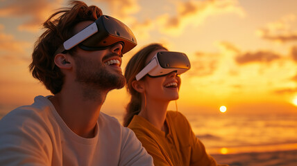 Enjoying virtual reality at sunset