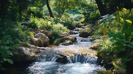 Fototapeta premium Serene stream flows through lush garden