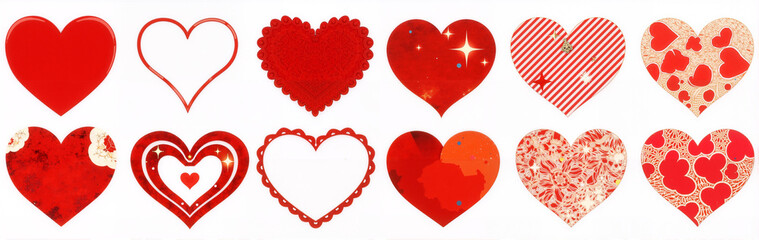 Variety of whimsical heart designs arranged in two rows for Valentine's Day decorations or crafts.
