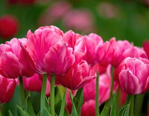 Obraz premium Close-up view of a cluster of vibrant pink tulips in full bloom. The petals show delicate variations in color, creating a visually appealing texture.&nbsp;