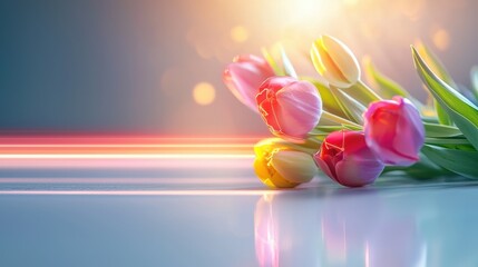 Tulips glowing with energy lines on a clean white surface