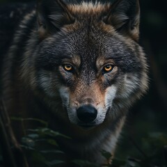 Obraz premium Intense Wolf Portrait in Dark Forest Setting