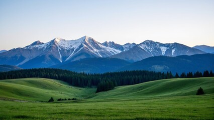 Green pastures under the snowy mountains