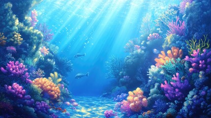 Fototapeta premium Bright blue ocean background with sunlight and an undersea scene
