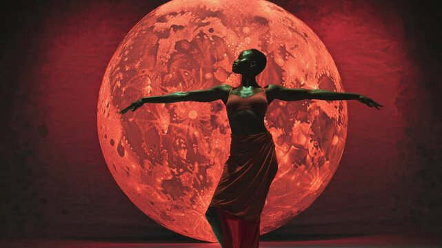 A dancer poses gracefully in front of a large, red moon backdrop. Low-angle shot enhances the dramatic, ethereal style, resembling a video scene.
