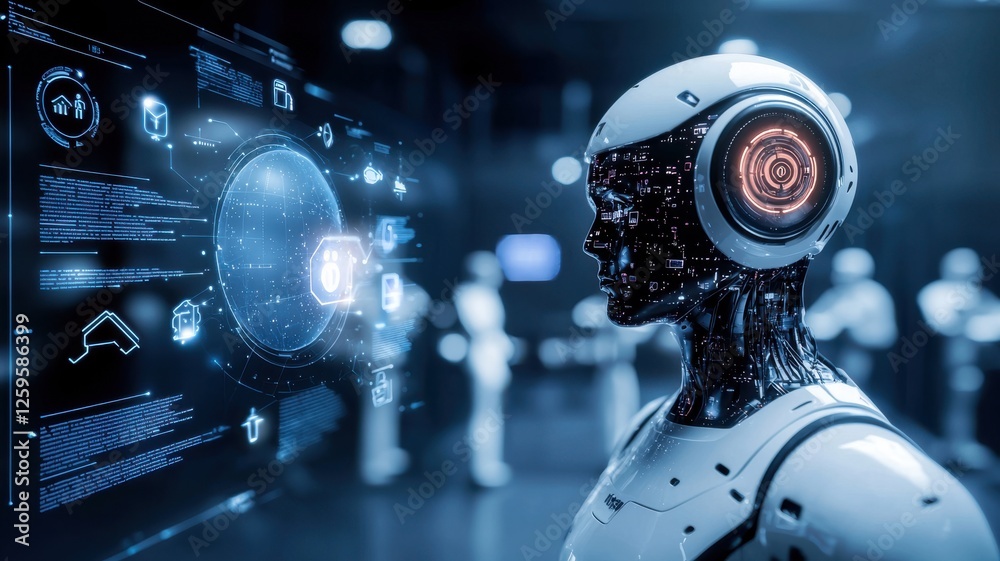 Poster advanced robot interaction futuristic lab digital technology high-tech environment side view ai conc