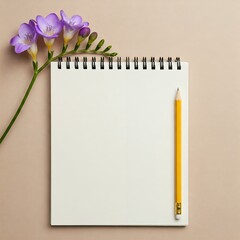 Naklejka premium A blank spiral notebook with a yellow pencil beside it, accompanied by a sprig of purple flowers on a beige background.