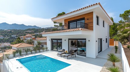 Modern villa, pool, mountain view, sunny day, real estate