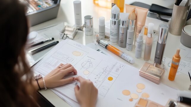 Cosmetic packaging design in progress, with a marketing team analyzing trends and business data, behind-the-scenes beauty business.