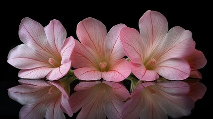 Fototapeta premium Pink flowers reflect on dark surface, studio shot, floral design