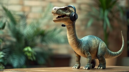 Cute brontosaurus with a headset, acting as an online customer service representative, blending e-commerce and business concepts.