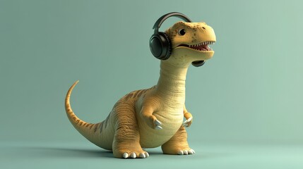 Cute brontosaurus with a headset, acting as an online customer service representative, blending e-commerce and business concepts.