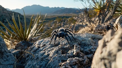 A close-up view of a tarantula on a rocky surface in a desert landscape during golden hour