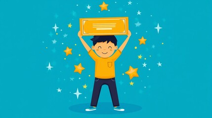 Happy Boy Celebrating Achievement with a Certificate and Stars