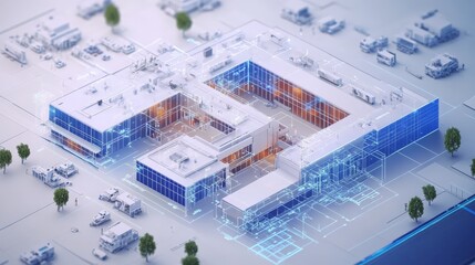 Digital hospital blueprint with business analytics overlayed, investment in medical infrastructure in realistic picture.