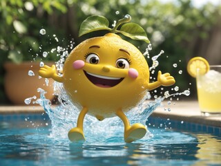 Happy Lemon Character Jumping into a Swimming Pool