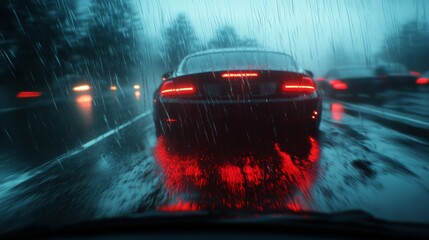 Car interior view in stormy weather, rain-covered glass, soft focus traffic ahead, glowing tail lights, moody road photography, wet weather atmosphere, vehicle perspective, dramatic weather conditions