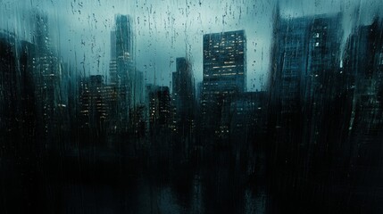 Obraz premium Cityscape in downpour, foreboding sky atmosphere, high-rise silhouettes, heavy rain texture, deep slate tones, contemporary urban scene, dramatic weather patterns, minimalist architectural photography