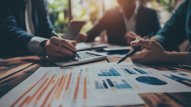 Doctors collaborating on a research project while business executives analyze financial reports, blending science and business in realistic picture.