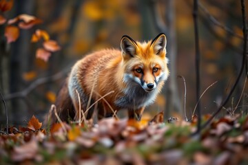 Red fox standing in an autumn forest with colorful leaves
