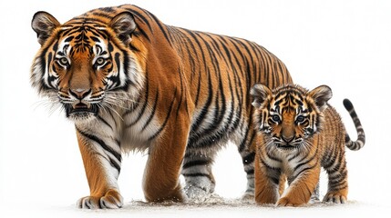 Fototapeta premium A majestic tiger and its playful cub walking together in a snowy landscape, showcasing their bond