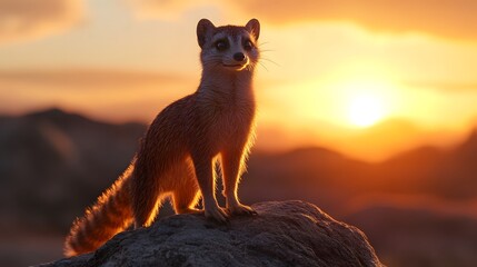 Mongoose standing on a rock with a sunset in the background