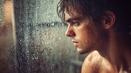 Fototapeta premium Fine art portrait, raindrop pattern overlay, gentle side profile, natural skin complexion, atmospheric photography, intimate moment, window light, contemplative expression, editorial style