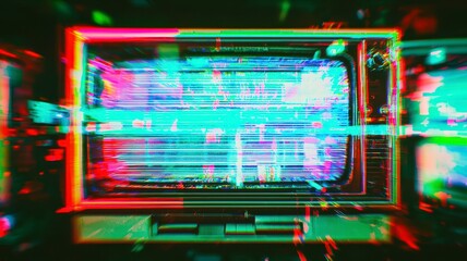 Obraz premium TV screen glitch cable concept. A vibrant, abstract depiction of a digital screen, featuring colorful glitches and neon hues, creating a futuristic visual experience.