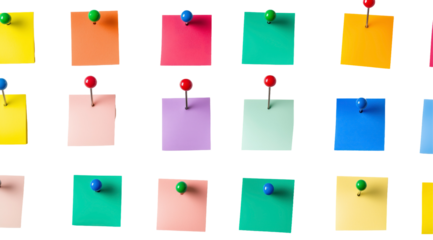 A Rainbow of Reminders:  A vibrant collection of colorful sticky notes, each pinned with a different colored push pin, creates a cheerful and organized backdrop for brainstorming, planning.