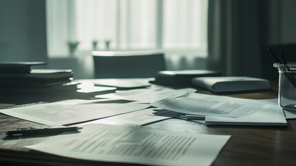 Fototapeta premium Workspace Desk Papers Documents Office Business Workplace Papers Scattered room neat life files 