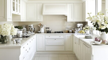 White kitchen, appliances, flowers, sunlight, design, home decor