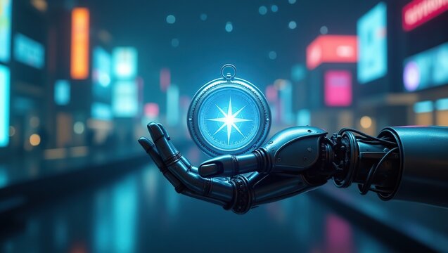 A metallic robotic hand, grasping a luminous, ethereal compass that radiates a soft, pulsing blue light, set against a futuristic background of sleek, neon-lit cityscapes, holographic advertisements.