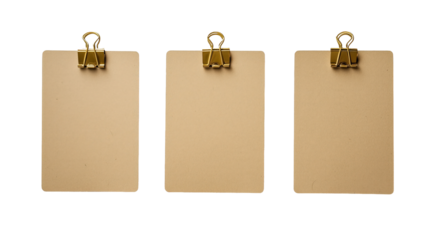 Kraft Paper Notepads Mockup: Three minimalist kraft paper notepads, each secured with a gold binder clip, arranged in a neat row.  Perfect for showcasing branding, notes, or design concepts.