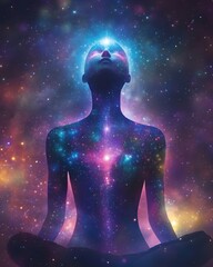 Fototapeta premium Cosmic Meditation Silhouette Person in Lotus Pose with Nebula and Starry Galaxy