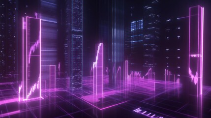 Futuristic financial district with glowing line graph visualisations