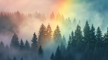 Obraz premium Spectacular rainbow appearing through mountain fog, serene forest setting, atmospheric mist among pine trees, peaceful wilderness scene, soft natural lighting, morning atmosphere, environmental