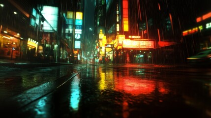 street level perspective urban landscape, wet ground textures, neon light bleeding, city lights bokeh, nocturnal urban scene, contemporary street photography, dark reflective surfaces