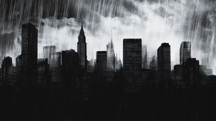 Urban skyline silhouette, dramatic storm clouds, heavy rain streaks, dark moody atmosphere, city buildings outline, slate grey sky, monochromatic cityscape, atmospheric weather photography