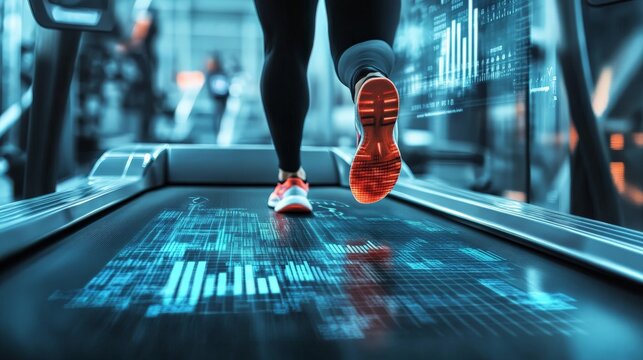 Realistic picture Runner on a treadmill with financial graphs projected ahead, persistence and long-term business growth. - Powered by Adobe