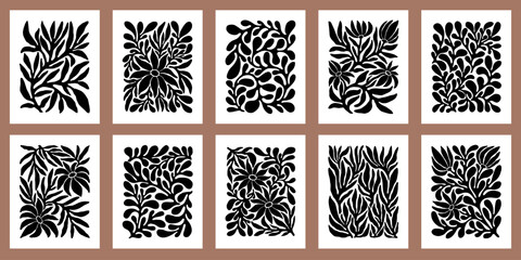 Contemporary Matisse inspired art background vector. Abstract botanical hand drawn posters design with flowers, leaves and branches. Simple modern style illustrated design for print, cover and card.