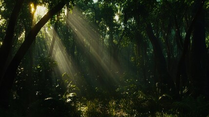 Obraz premium Sunlight streams through lush green forest canopy creating a serene scene