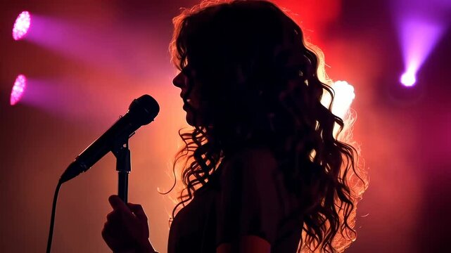 Silhouette of a singer with curly hair on stage, vibrant purple and red lights in the background, captured from a side angle, evoking a live video feel.