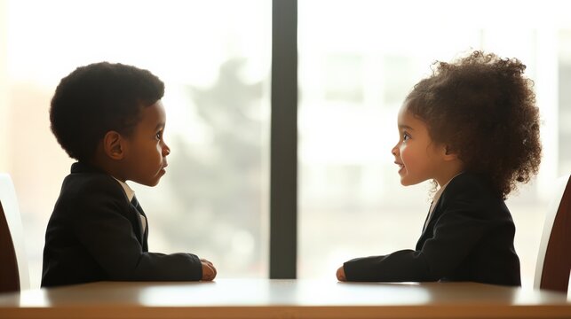 Two kids sitting across from each other, playing pretend business meeting, future executives in the making.