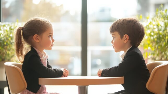Two kids sitting across from each other, playing pretend business meeting, future executives in the making.