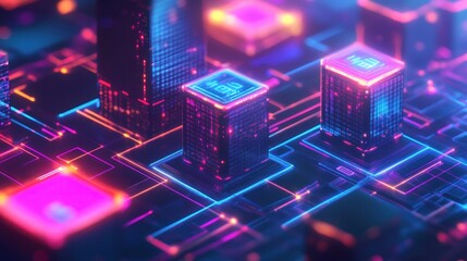 Abstract futuristic city with neon glowing lines and cubic structures